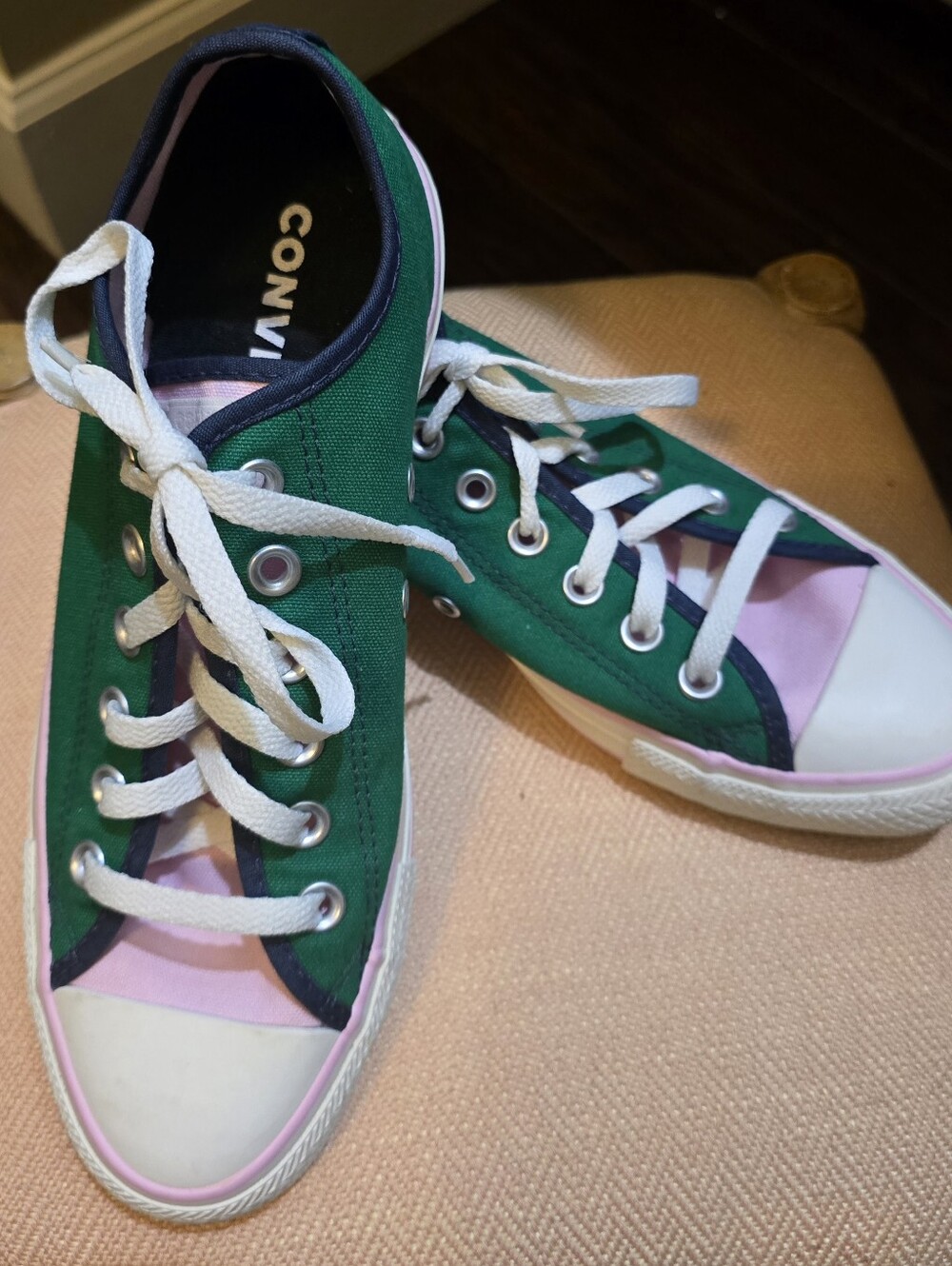Converse Low-Top Canvas Sneakers in Green, Pink and White